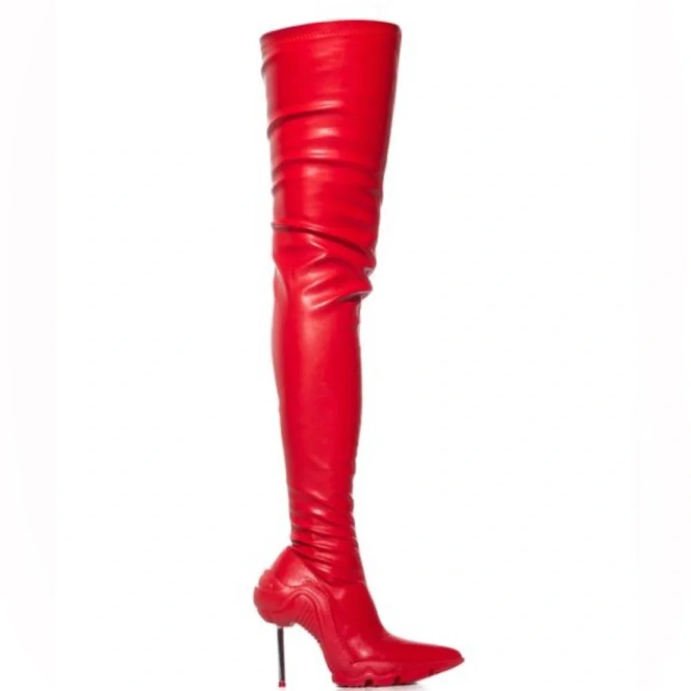 Azalea Wang Red Avant-Garde Thigh High Stiletto Boot